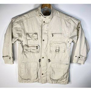 Vintage 90s Woolrich Beige Cotton Utility Work Jacket Mens Size Large Made in Ma